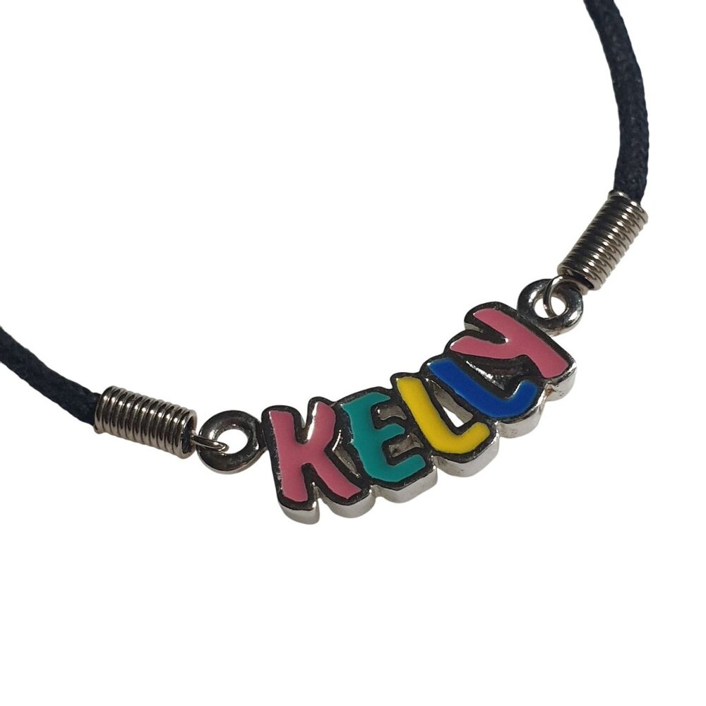 Kelly Name Necklace Black Enamel Pendant Multicolor Letters Silver Tone Accents